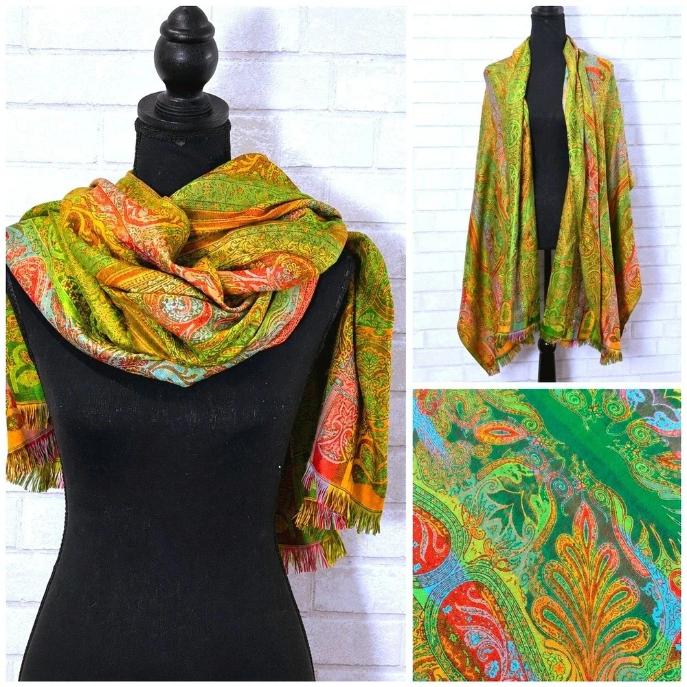 Long Silk Wool Green Paisley Scarf Wrap 27x80 Shawl Fringe Fall Holiday Elevated